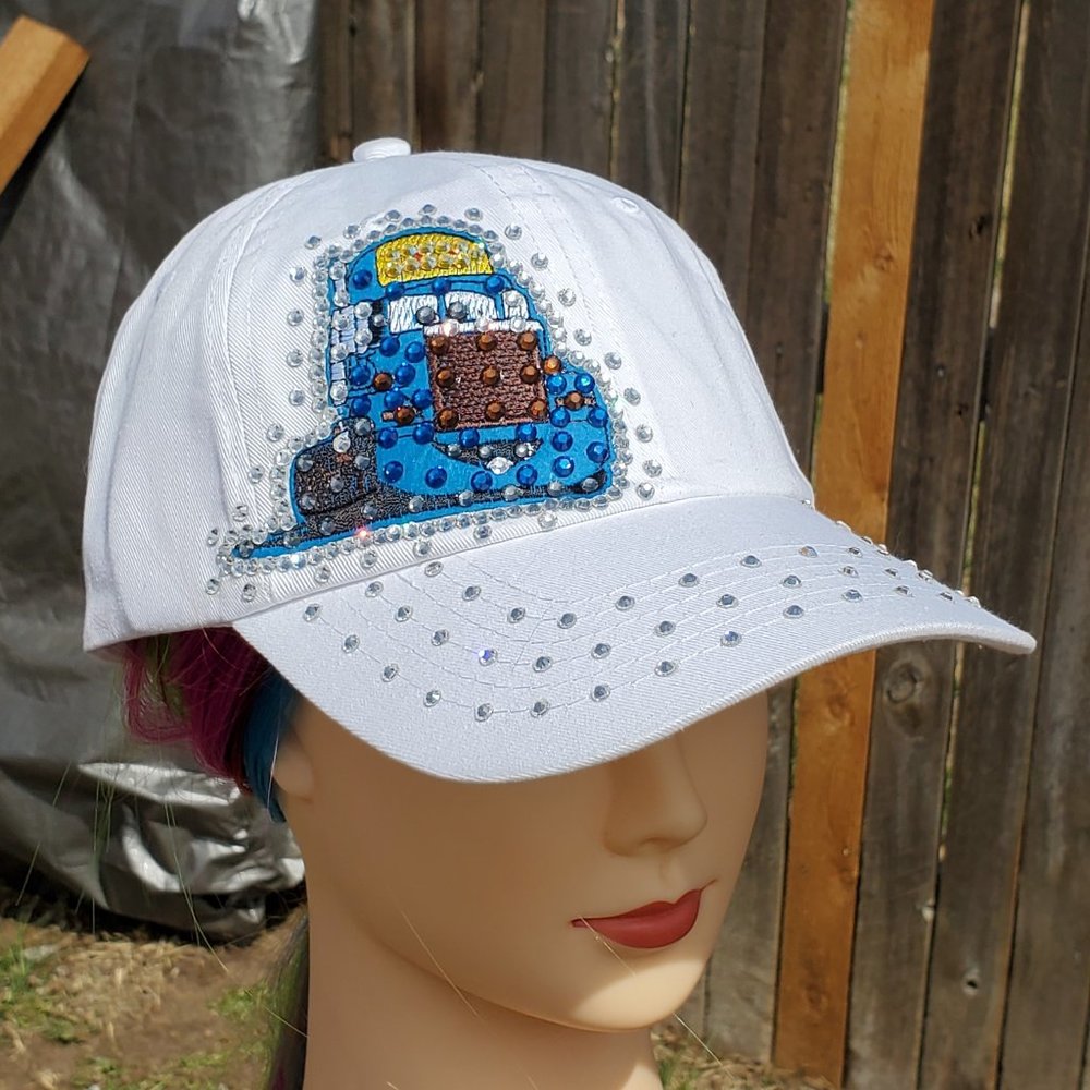 Ladies WHite & Blue cars semi truck BLING Hat NEW